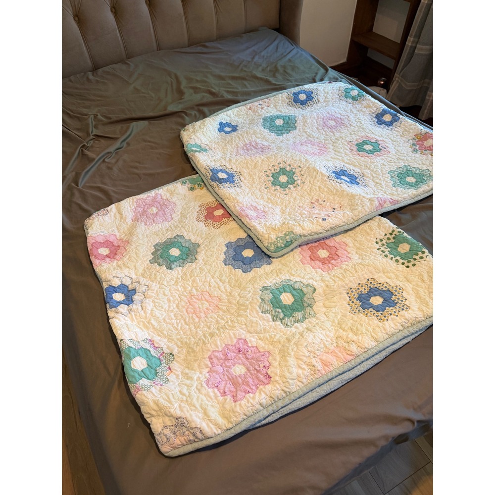 Vintage Handmade Grandmothers Flower Garden Quilt Set 2 Shams Pastel Cottagecore